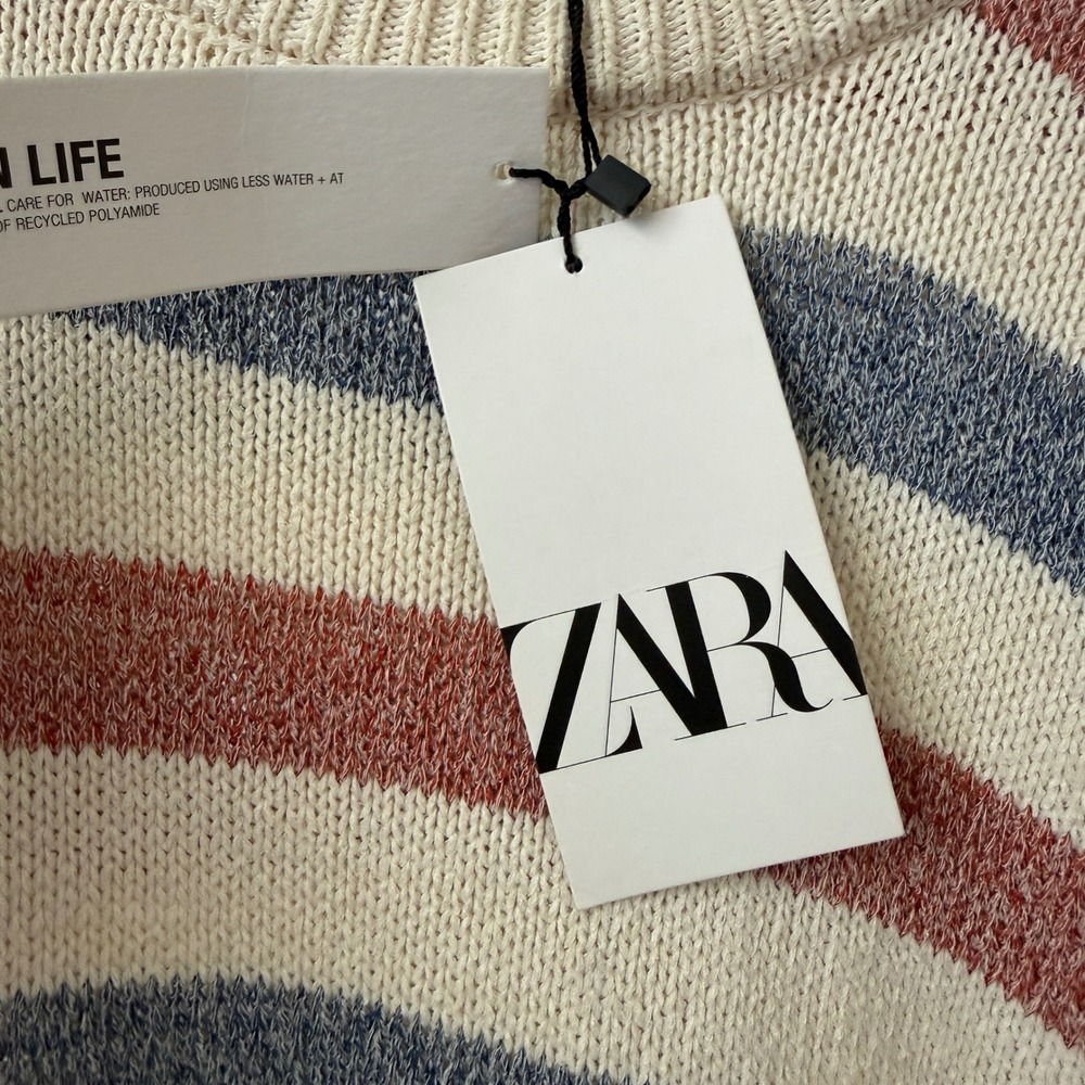 Zara sz L Mens Striped Knit Sweater Cream Blue Red Tennis‎ Prep Minimalst NWT - Picture 5 of 9